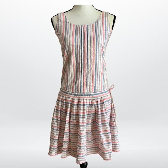 Vintage 80s 90s Laura Ashley Pastel Striped Dropwaist Sleeveless Dress Size 6 - Picture 1 of 12
